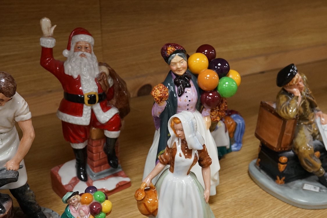 A collection of Royal Doulton figures to include The Railway Sleeper, Blacksmith, Biddy Pennyfarthing, Nurse, French Peasant, etc, largest 24cm high